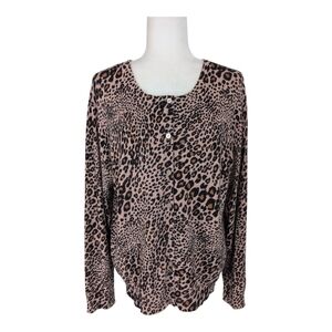 Leopard Print Button Front Knit Cardigan Women’s Long Sleeve Tan Black XL